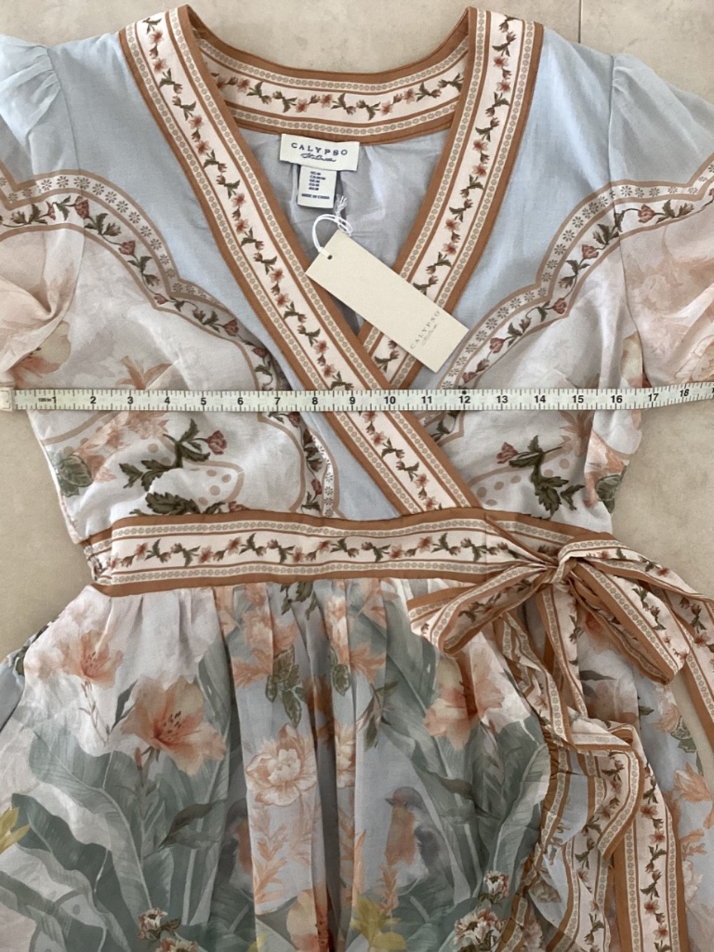 Calypso St. Barth Cotton Pastel Blue Floral V-Neck Faux Wrap Frill Mini Dress - Picture 11 of 16